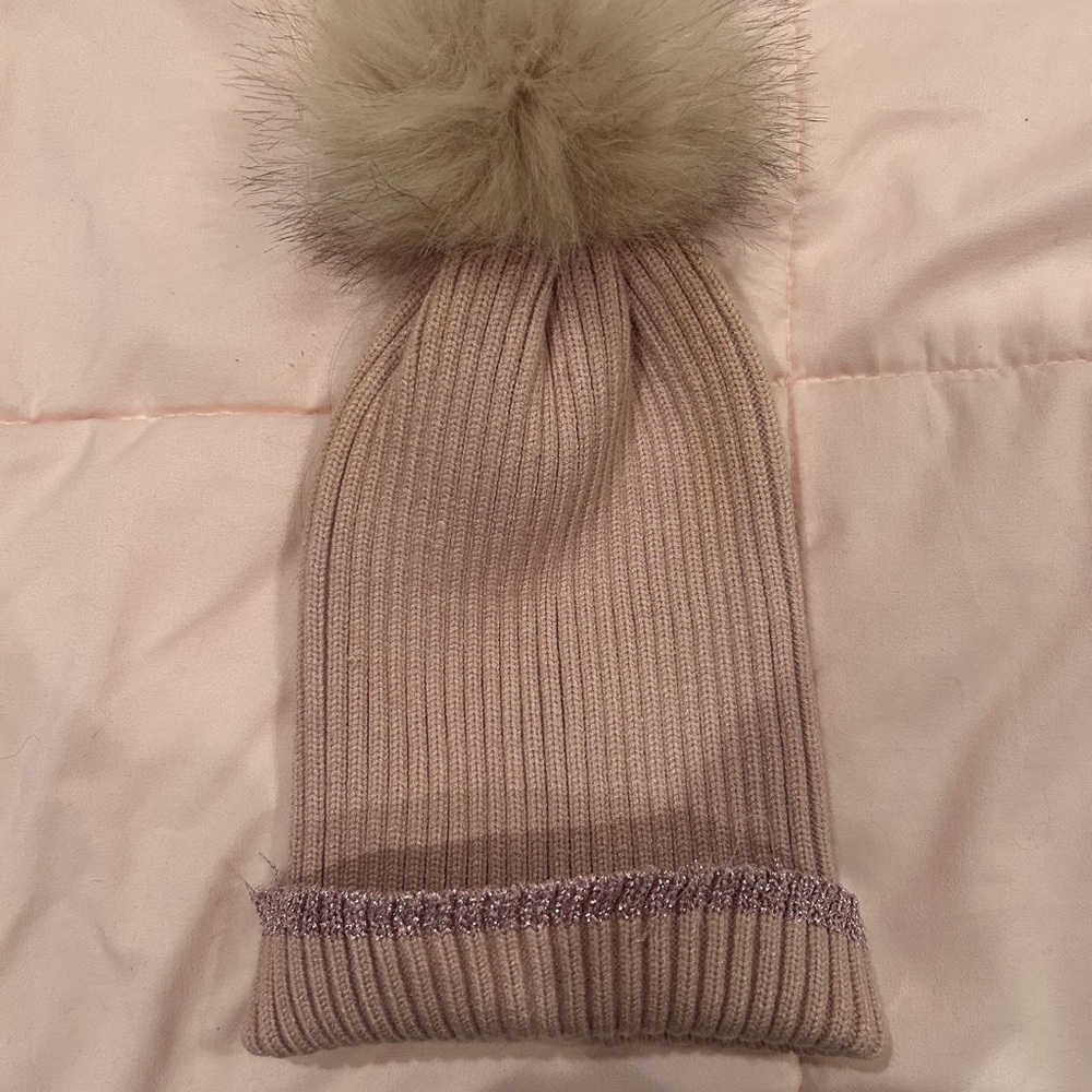 Pink Sparkly Beanie with Faux Fur Pom